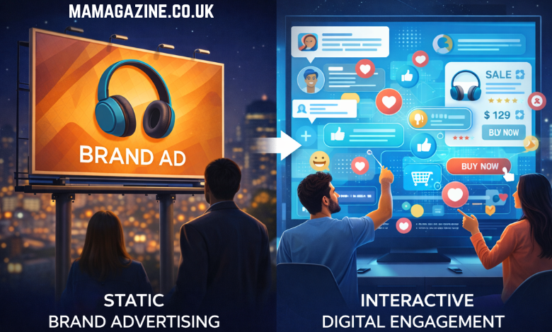 Illustration of interactive digital engagement replacing static brand advertising in 2026
